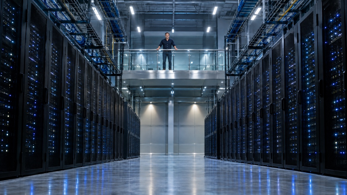 The host on a walkway high above a data center aisle of server racks