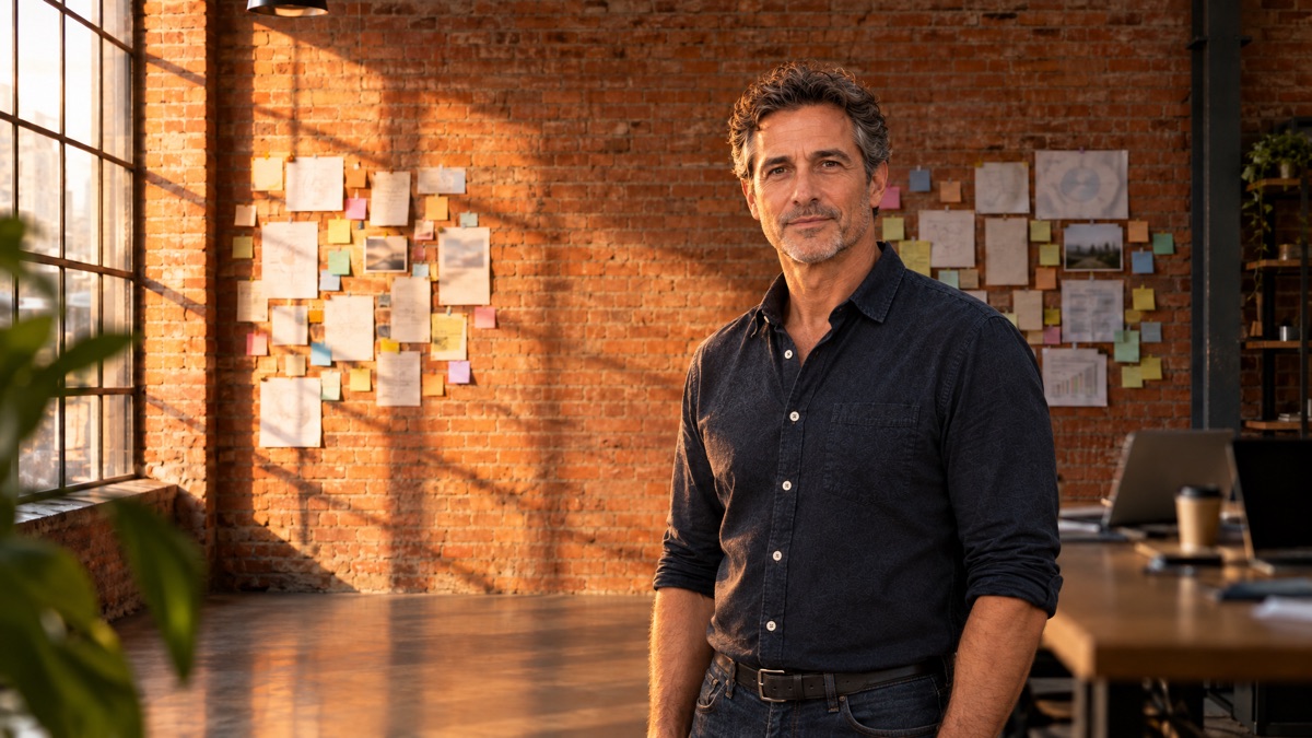 The host in a brick-walled loft office beside a wall of pinned notes