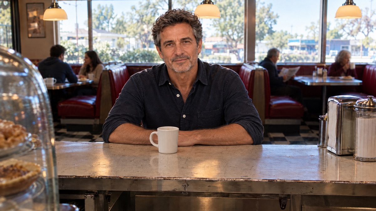 The host seated at a diner counter with a cup of coffee